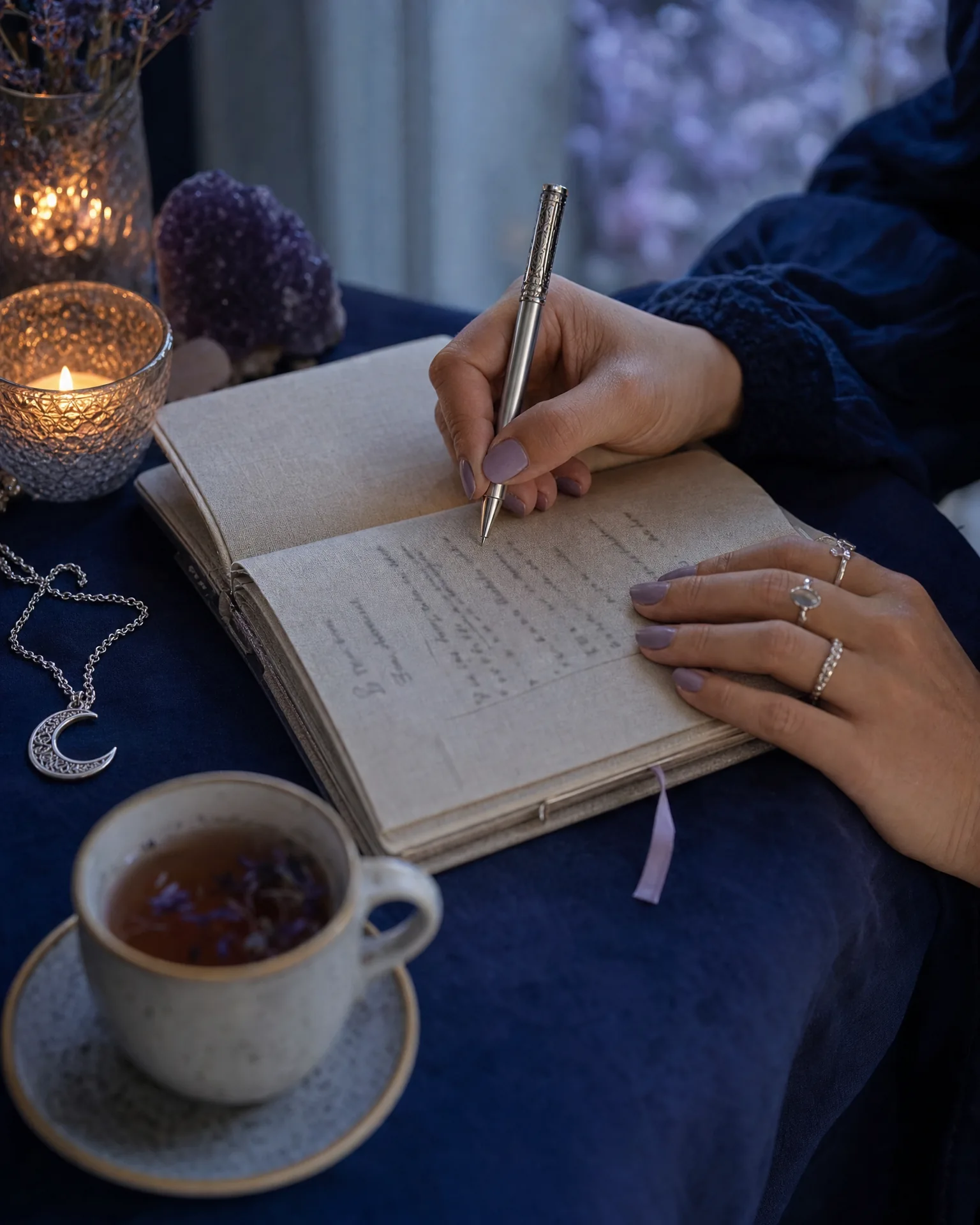 Hands writing in a linen journal by candlelight, beside tea, amethyst, and a silver crescent moon necklace.