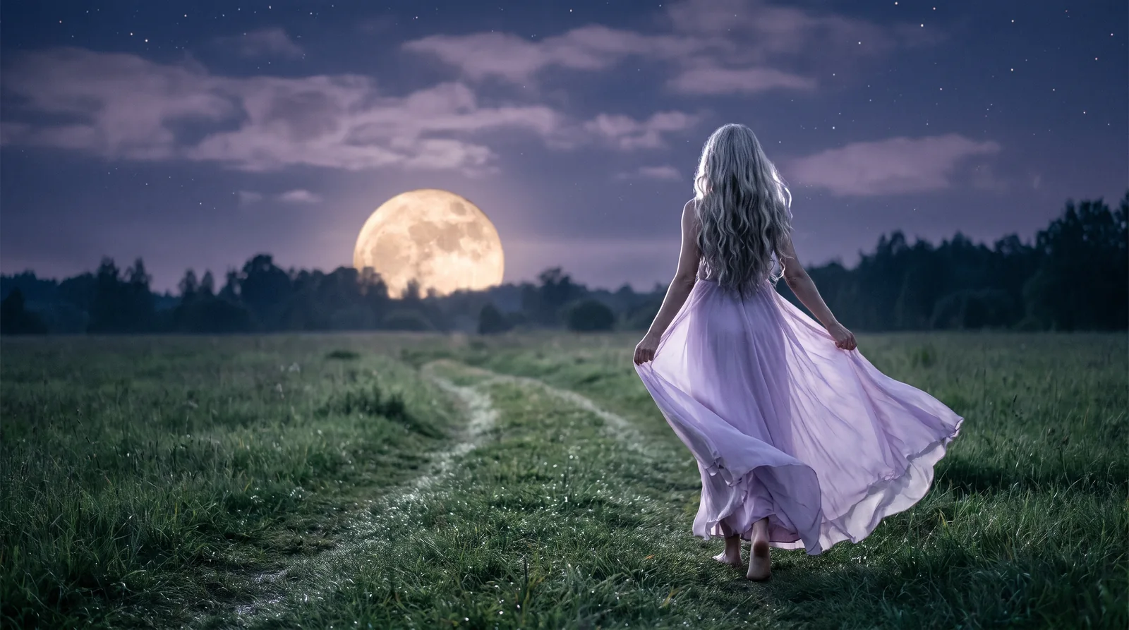 A woman seen from behind, walking through a moonlit meadow in a flowing lilac dress toward a full moon.